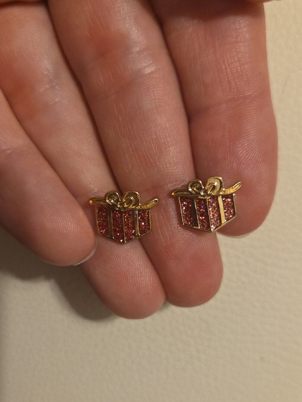 Betsey Johnson Gold-Tone Pink Glitter Present Stud Earrings